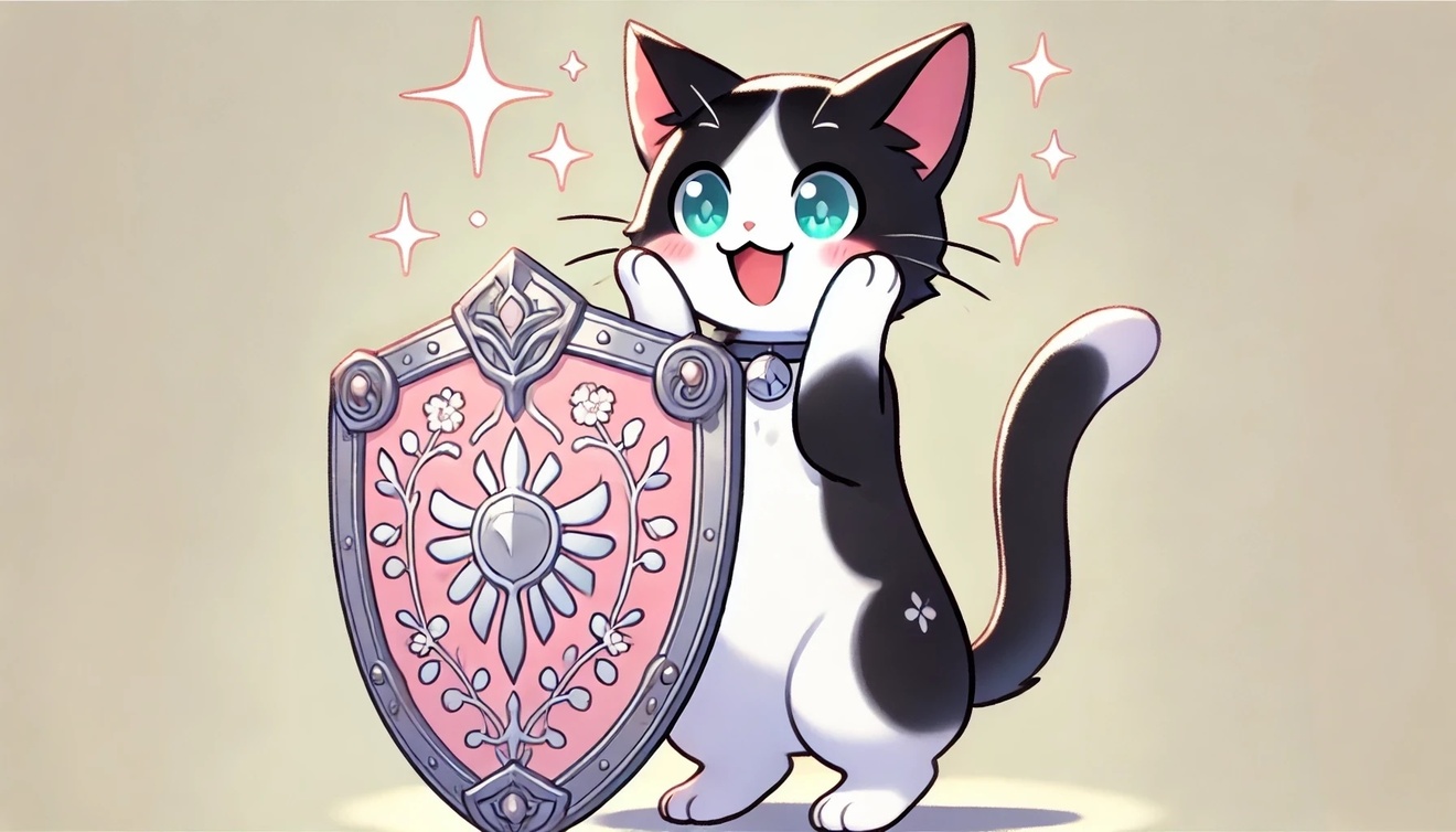 DALL·E 2025-01-12 23.01.12 - A black and white cat standing upright with a delighted and excited expression, holding a plain shield without any patterns or decorations in one paw,.jpeg