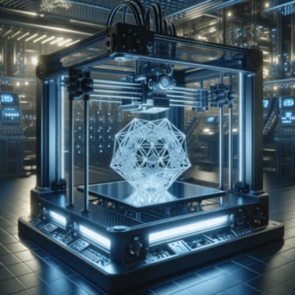 DALL·E 2025-01-14 18.06.54 - A highly detailed and futuristic 3D printer in operation, showing the machine creating a complex geometric object with glowing blue lights. The scene .png