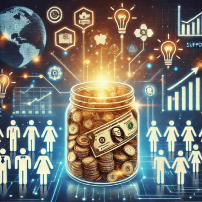DALL·E 2025-01-14 19.06.07 - A visually engaging depiction of crowdfunding, featuring a jar overflowing with coins and bills, surrounded by glowing digital icons representing supp.png