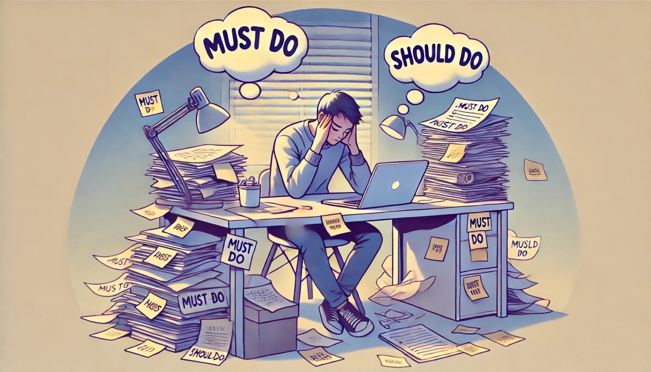 DALL·E 2025-01-16 21.31.38 - An illustration of a person feeling overwhelmed with a long to-do list. The image shows a cluttered desk with papers, a laptop, and sticky notes every.jpeg