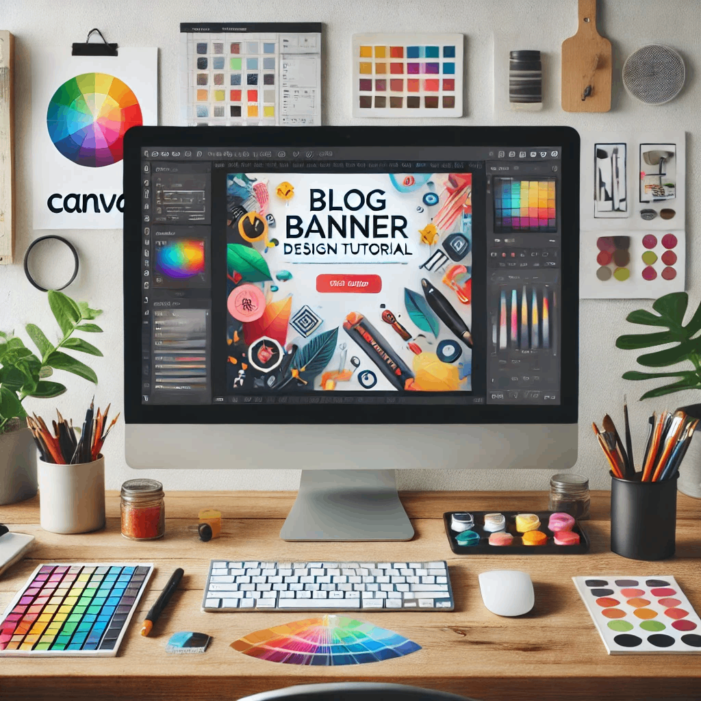 DALL·E 2025-01-19 18.37.42 - A modern and visually appealing blog banner design tutorial scene without text, showcasing the Canva interface on a computer screen. The screen displa.png