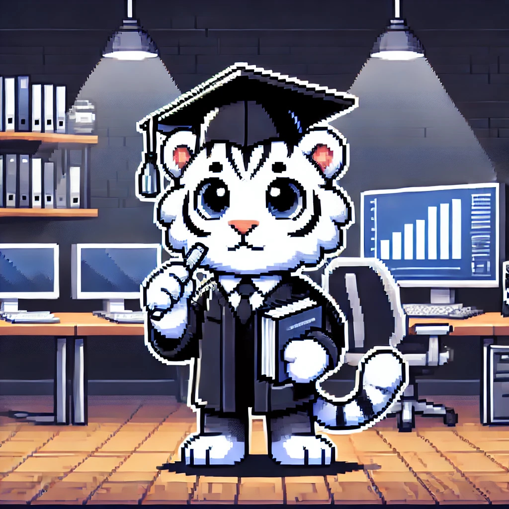 DALL·E 2025-01-23 20.18.33 - A white tiger character wearing a graduation cap and holding a book, standing in a stylish computer room setup as a background. The room has modern dé.jpg