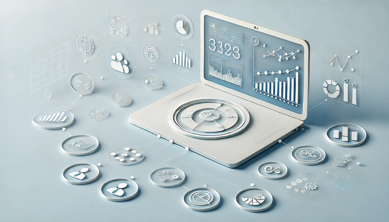 DALL·E 2025-01-24 16.24.55 - A professional and clean illustration of a laptop displaying analytics and sales charts, surrounded by icons representing information and data flow, w.jpg