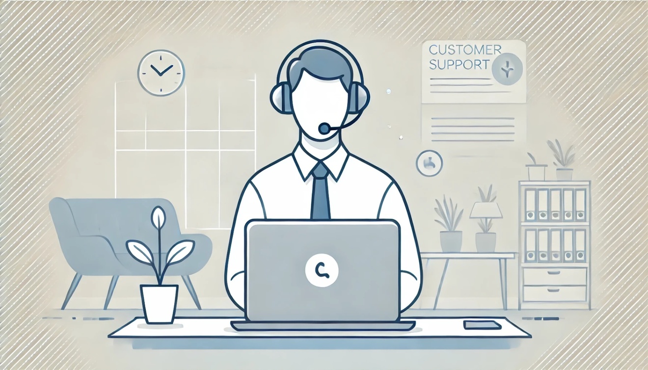 DALL·E 2025-01-25 23.46.28 - A simple and professional illustration of customer support concept. It features a person wearing a headset at a desk with a laptop, in a clean, modern.jpg