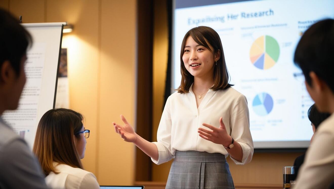 大学で研究内容を一般の人に説明する洋服姿の日本の女子学生.jpg
