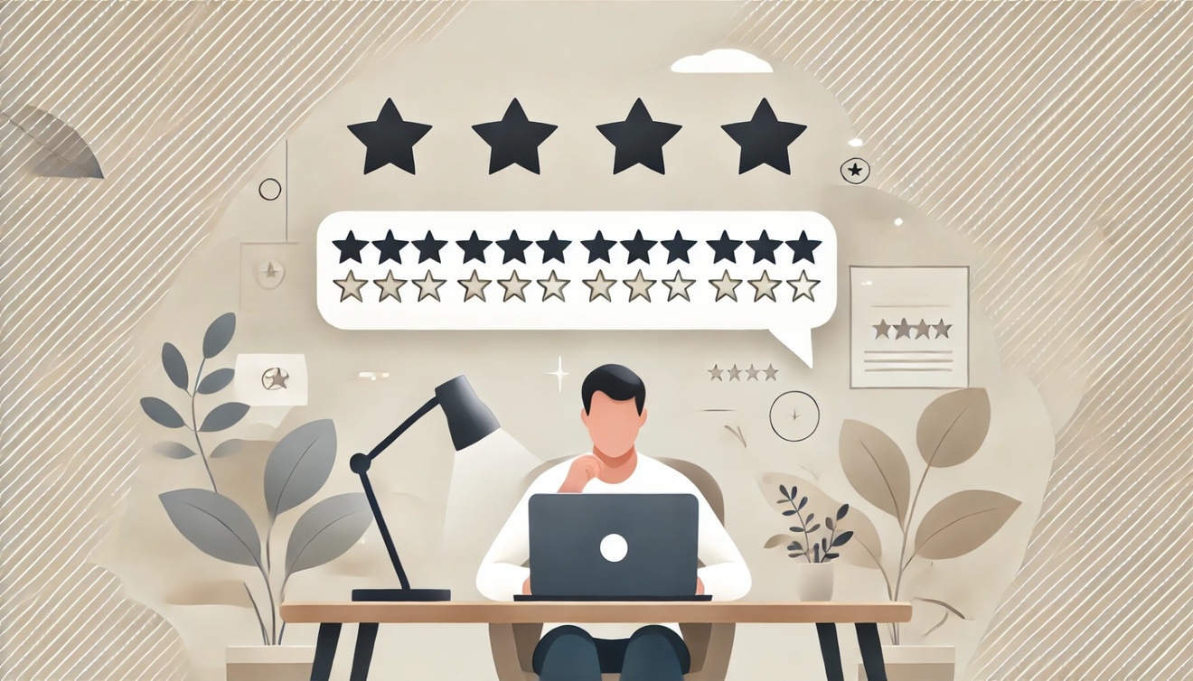 DALL·E 2025-01-28 04.54.42 - A clean and simple horizontal illustration representing the concept of choosing high-quality reviews. The scene includes a person sitting at a desk, l.jpg