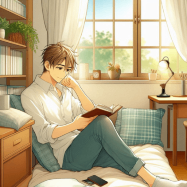若くて爽やかな男性が落ち着いた雰囲気の部屋で読書をしているイラスト.png