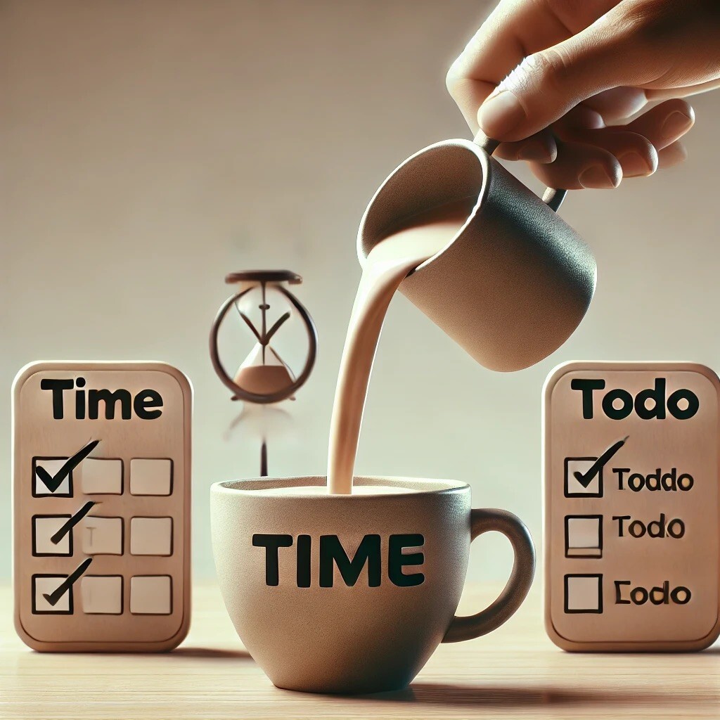 DALL·E 2025-01-29 20.39.40 - A conceptual image of time management. In the center, there is a coffee cup labeled 'TIME'. Another cup, labeled 'ToDo', is being poured into the 'TIM.jpeg