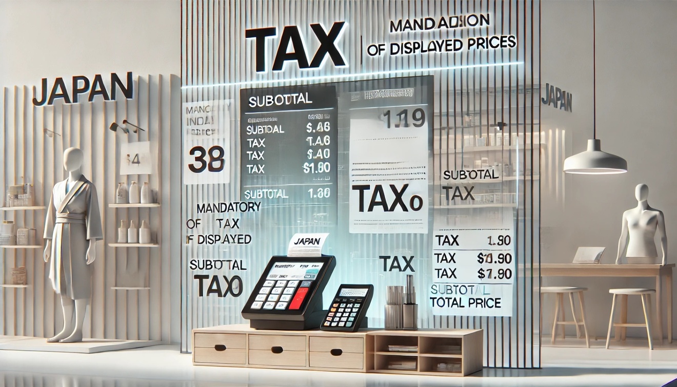 DALL·E 2025-01-30 04.56.37 - A conceptual image representing the mandatory inclusion of tax in displayed prices in Japan. The image features a modern Japanese storefront with clea.jpg