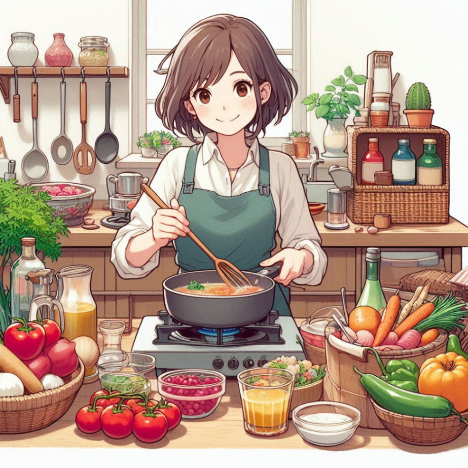 ジブリアニメ風で料理をしている女性のイラスト.png