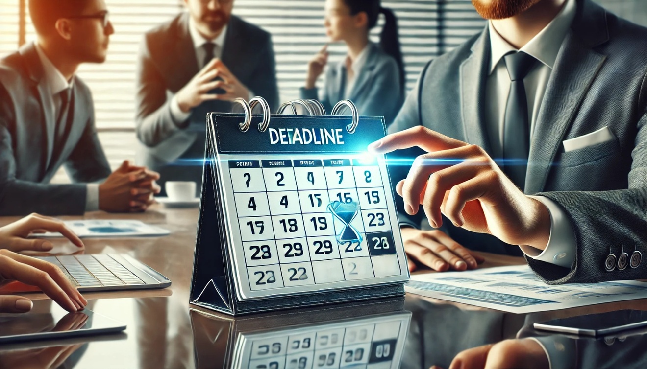 DALL·E 2025-01-31 04.58.45 - A professional business setting with a calendar marked with a deadline. A person is confidently pointing at the date while a team is engaged in a disc.jpg