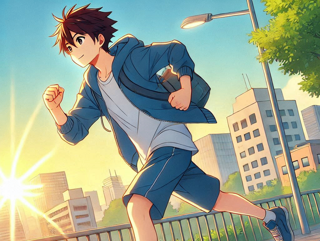 男性が朝ランニングをしているアニメ風イラスト.png