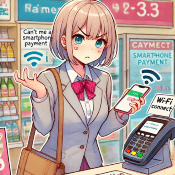 会社員女性がコンビニでWi-Fiが繋がらなくてスマホ決済ができずに焦っているアニメイラスト.png