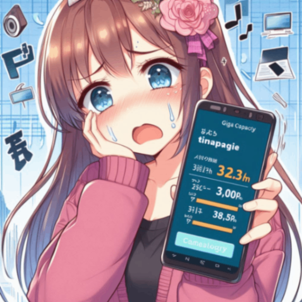 月末にスマホのギガ容量不足で困っている女性のアニメイラスト.png