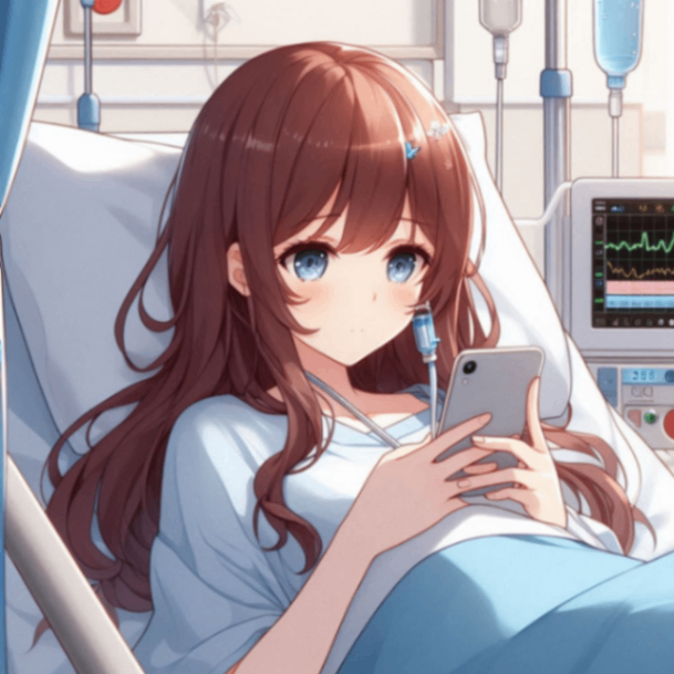 入院してベッドに寝ながらスマホを使っている女の子のアニメイラスト.png