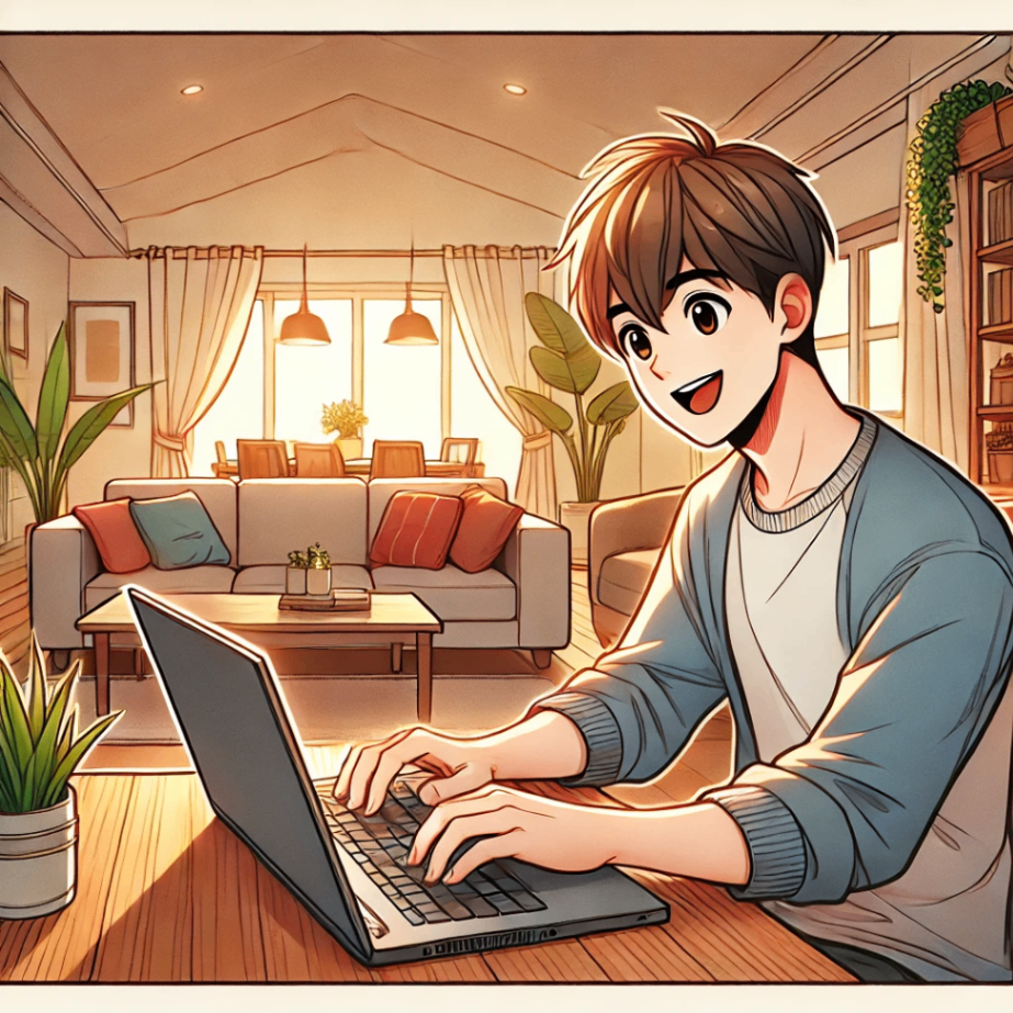 DALL·E 2024-11-21 21.47.26 - A cheerful man working on a laptop in a cozy living room, typing on the keyboard with an enthusiastic expression. The room is warmly lit, featuring a .png
