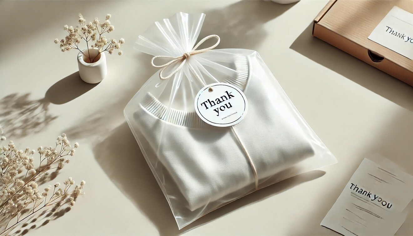 DALL·E 2025-02-23 22.12.26 - A neatly wrapped clothing item inside a transparent plastic bag, sealed with a small round 'Thank You' sticker. The scene has a bright and cheerful at.jpeg