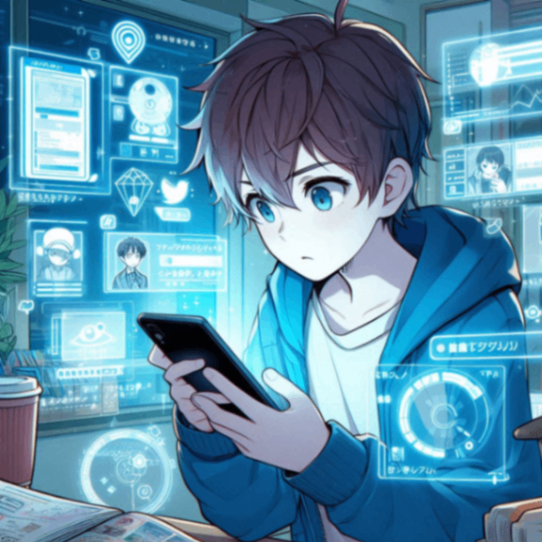 スマホを使って検索する少年のアニメイラスト.png