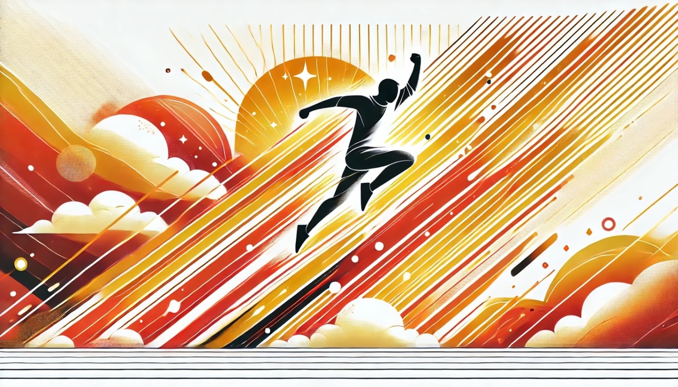 DALL·E 2025-03-08 09.50.25 - A minimalist and clean digital illustration featuring a simple, modern, and energetic artwork. The scene depicts a person leaping forward with determi.jpeg
