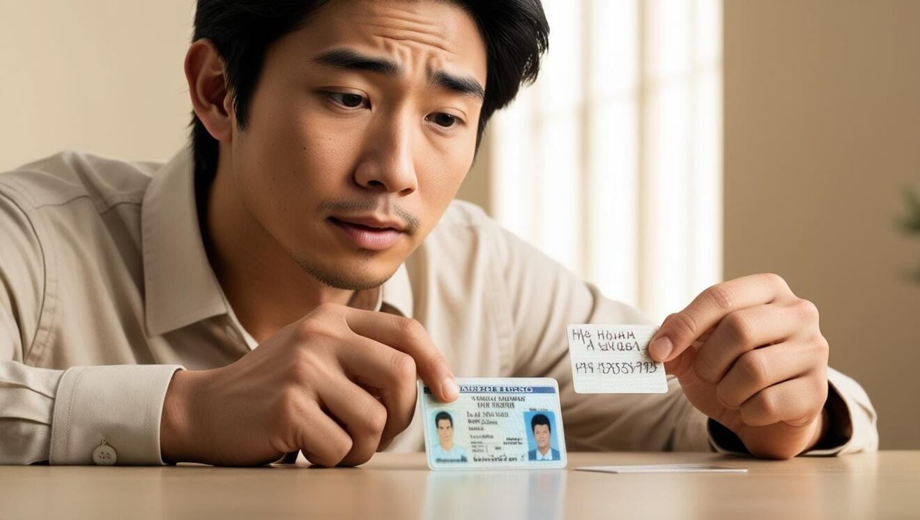 免許証と個人番号が書かれたカードを交互に眺めている男性.jpg