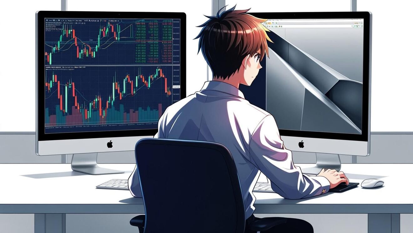FXトレーダーとしてパソコンと向き合っている画像をアニメタッチで日本人モニターは２枚人は一人背中姿.jpg