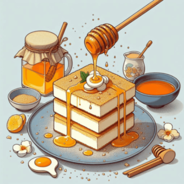 節約フレンチ豆腐の完成を表したいので、アップロードしたイラストを参考にはちみつを上からかけたフレンチ豆腐.png