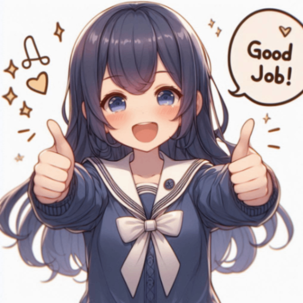 サムズアップして満面の笑みの女の子。「グッジョブ！」の吹き出しを付けて。現代のアニメ風で。.png