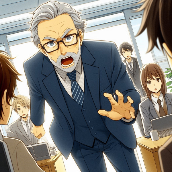 An anime-style image of an elderly male CEO suddenly entering an office and calling out to employees. Focus on a close-up of the characters..png