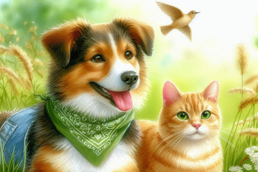 草むらでリラックスする猫ちゃんと犬ちゃんの水彩画①.PNG