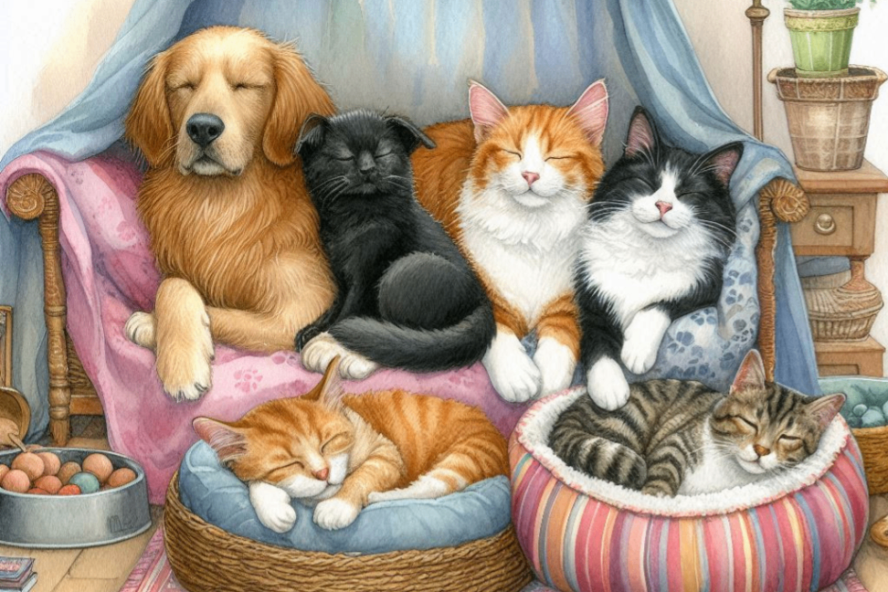 5匹の猫と犬がよりそってリラックスしている水彩画③.PNG