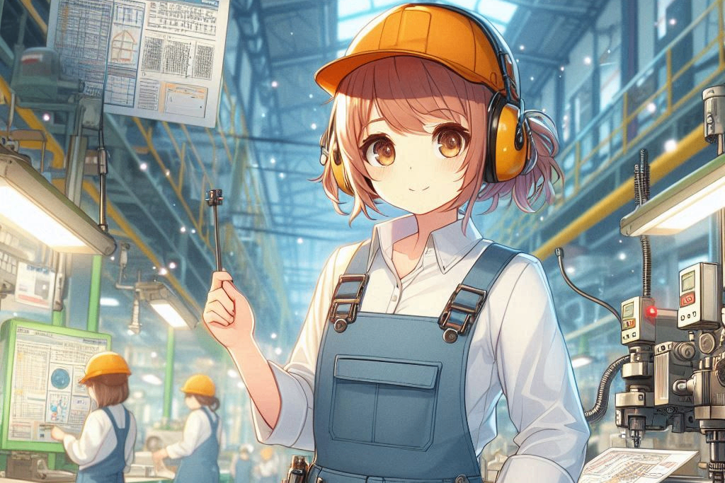工場でで働く作業着姿の女の子。現代のアニメ風.png