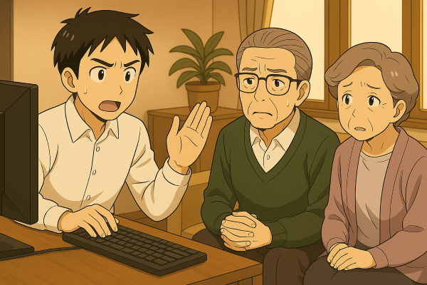 An anime-style illustration of a man sitting in front of a PC, earnestly explaining how to use it to an elderly couple in their home living room. The elderly couple looks puzzled or skeptical, with slightly confuse.png