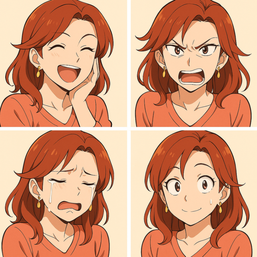 A professional anime-style illustration of a sisterly wife character with intense emotional expressions. She vividly displays joy, anger, sadness, and enjoyment, making it clear and extreme to the point of being unmistakable. She is uncompr.png