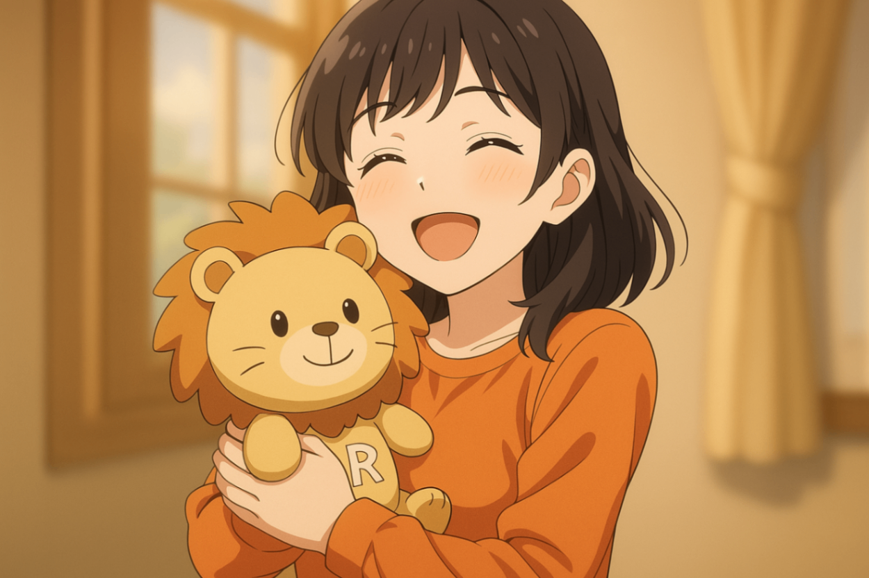リベシティのライオンぬいぐるみを胸に抱き、とっても幸せそうに喜んでいる20代の日本人の女の子の画像を作成してください。京アニ風に可愛くお願いします💕女の子の服はオ.png