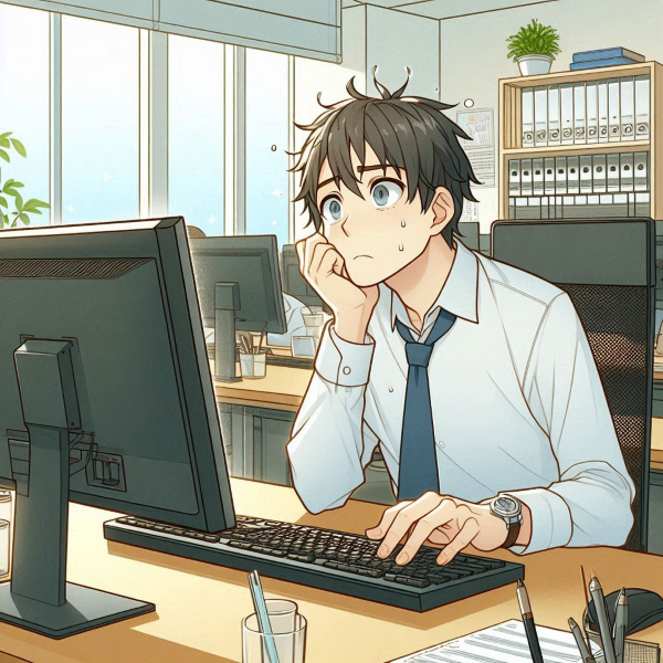 anime-style image of an office worker (salaryman) working very hard on a PC in a company office, aspect ratio 2_3, height 400px, width 600px (1).png