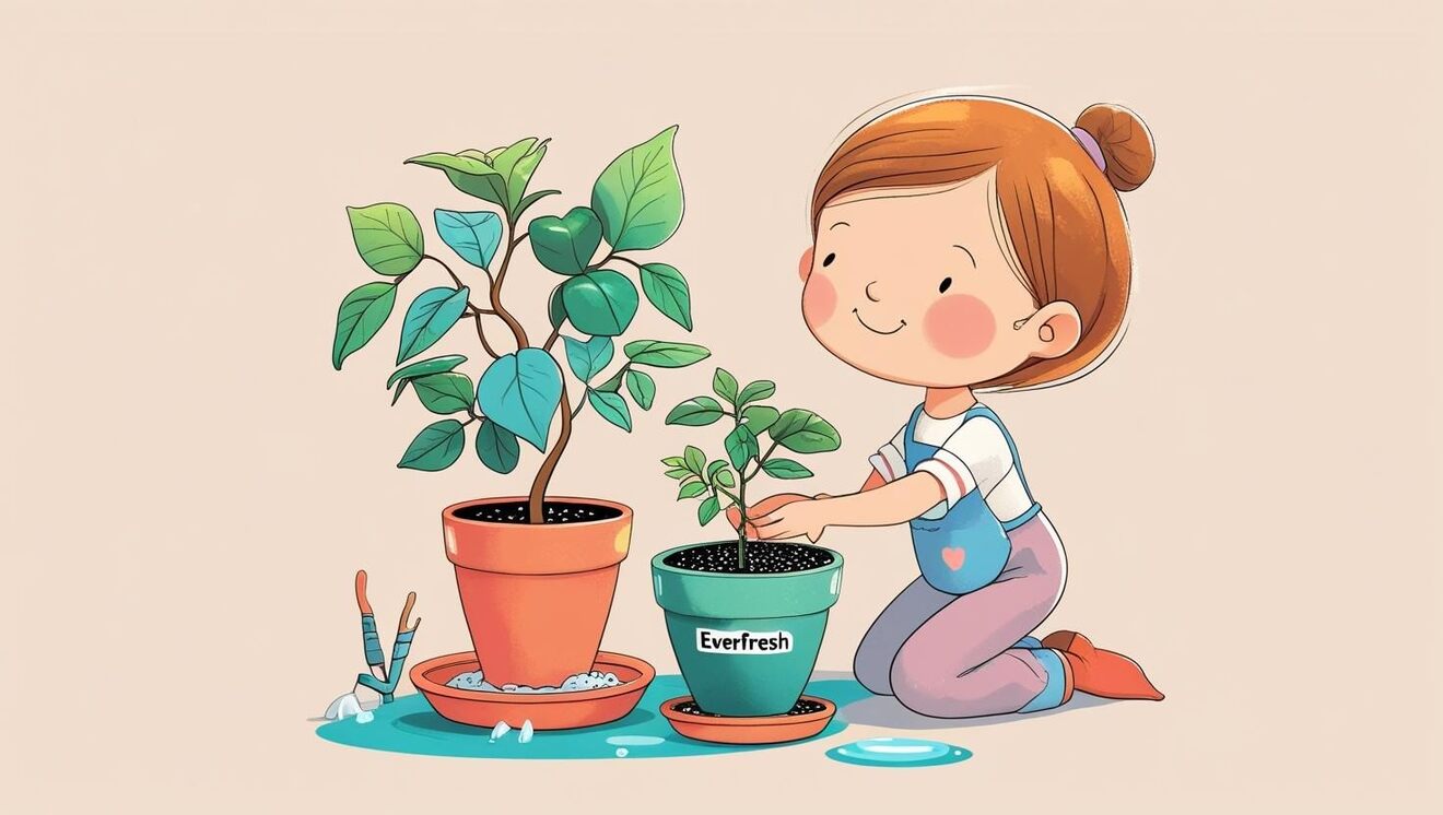 対策1：鉢皿に軽石と水を　植物はエバーフレッシュで鉢植え　縦横比：３：２　人物を入れて、ファンタジー風、可愛い.jpg