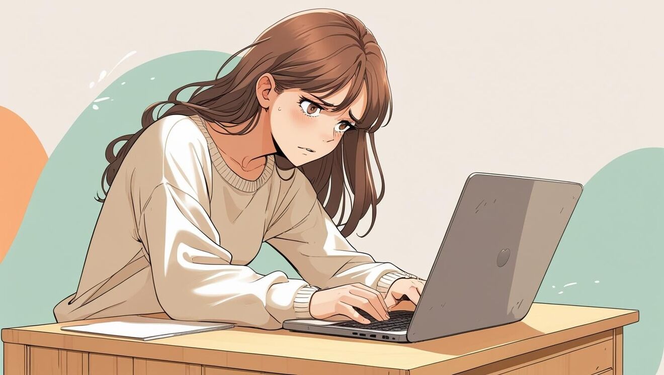 A soft anime-style illustration of a woman with a troubled expression, sitting at a desk, staring at her laptop with a puzzled and slightly anxious look. She appears to be struggling or unsure about what to write. The background uses soft p.jpg