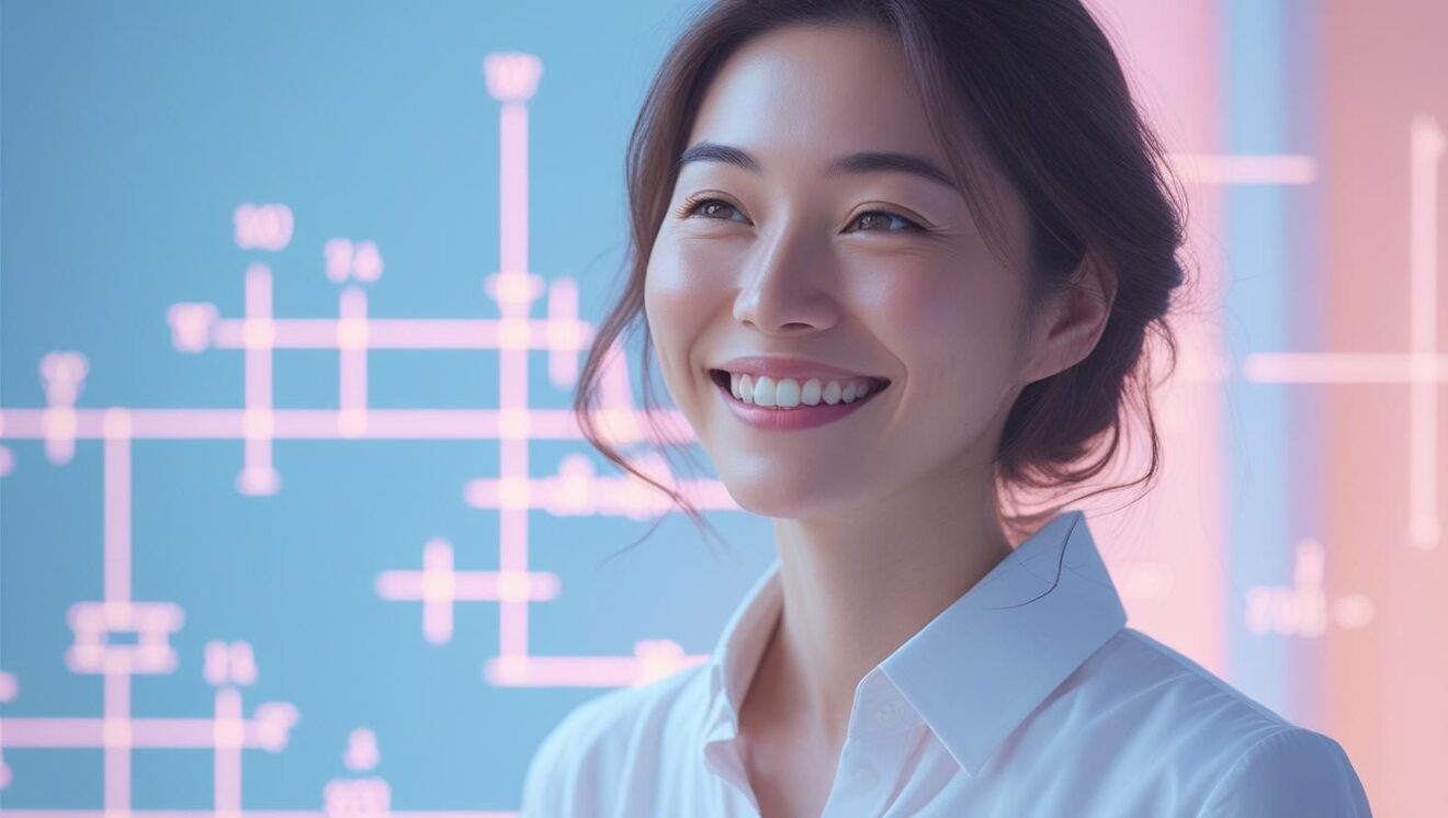 日本人女性が一人、知識や論理的思考がありそうな女性、背景は数式が浮いてたりする、明るい雰囲気、女性笑っている.jpg