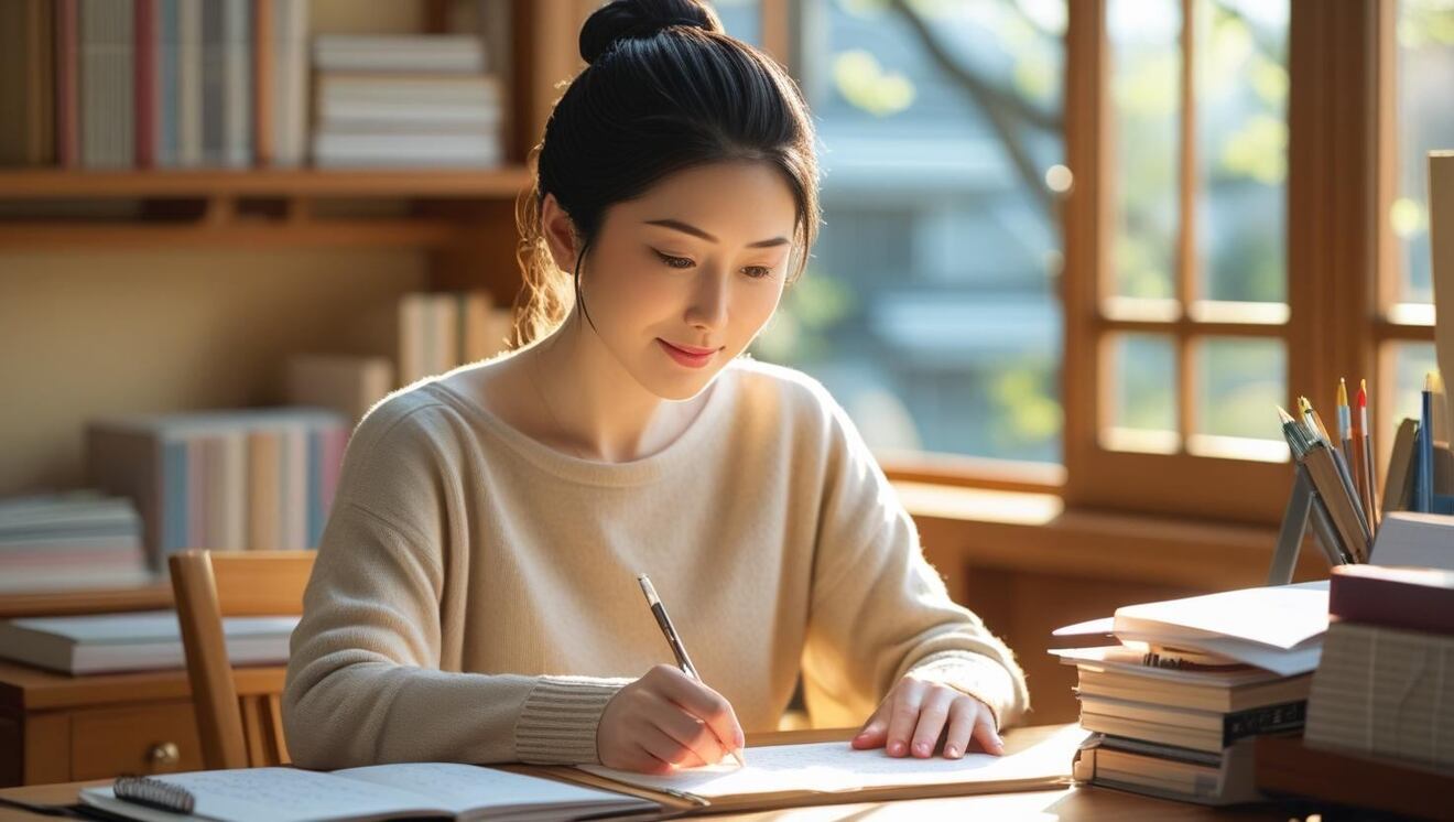 日本人女性が一人、机に向かって真面目な顔で修士論文を書いている。知識や論理的思考がありそうな女性、明るい雰囲気.jpg