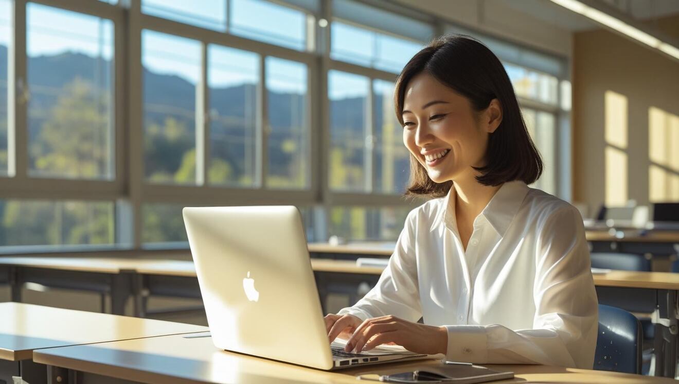 日本人女性が一人、机明るい雰囲気　社会人大学院はおすすめ！という顔.jpg