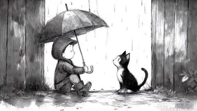 12雨宿りする猫と傘を差して待つ子ども（中）.jpeg