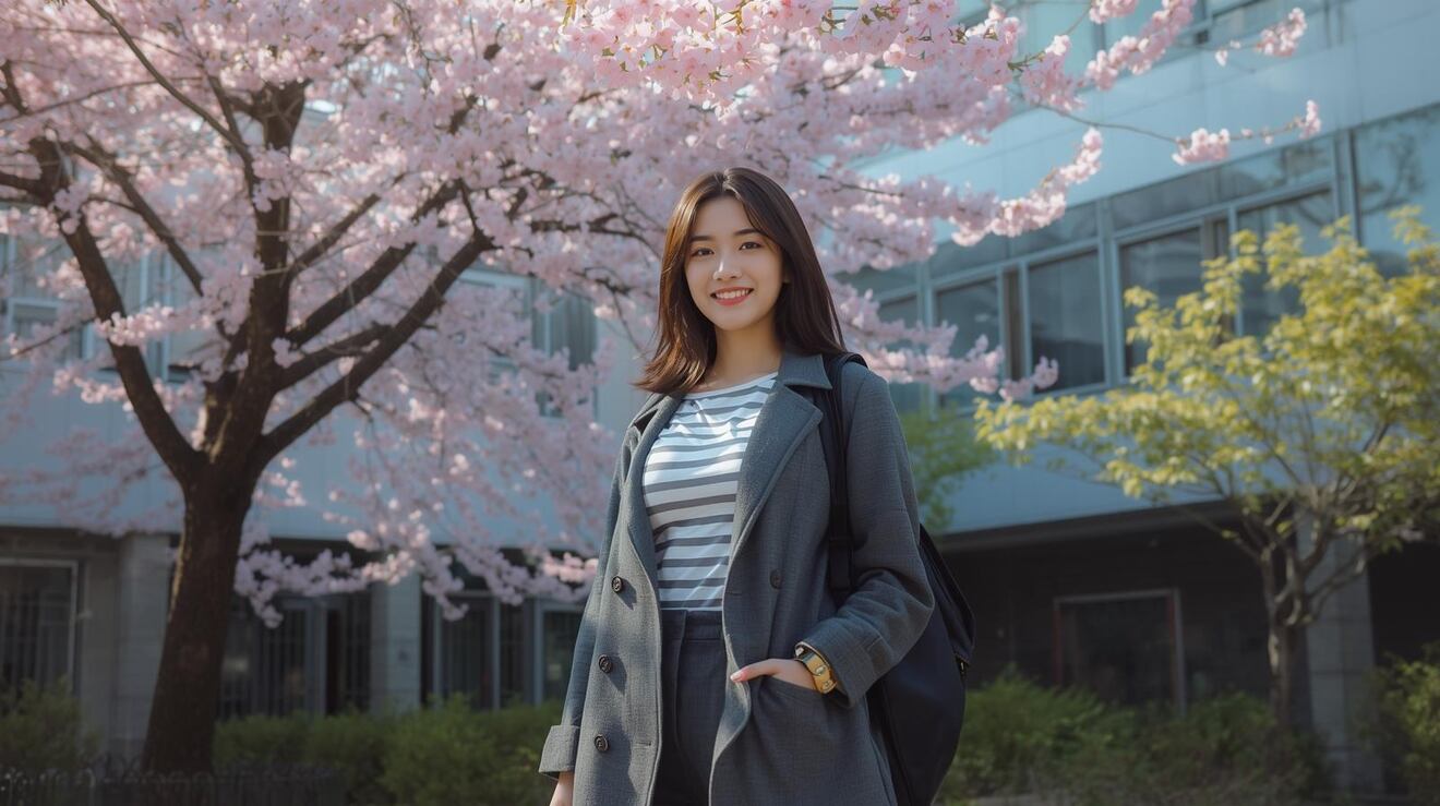 大学の前に立つ笑顔の女性　20代、日本、日本人.jpg