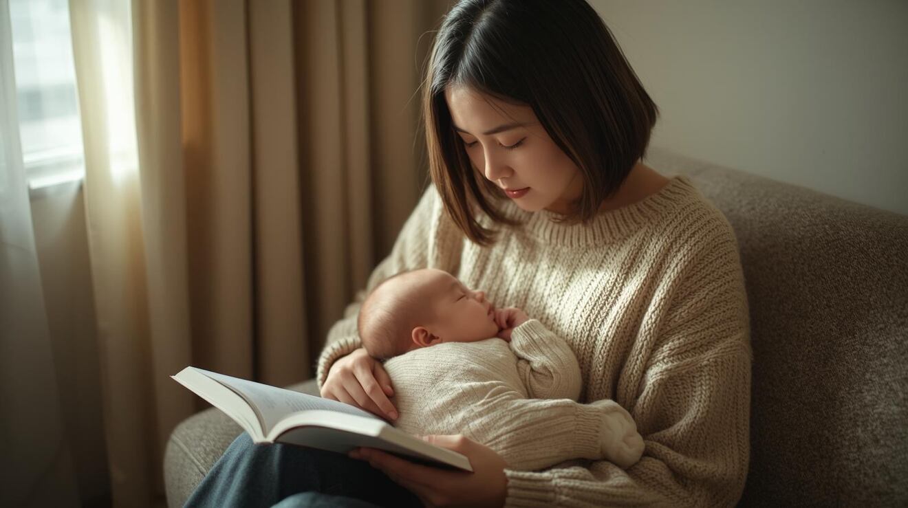 赤ちゃんを抱っこしながら勉強している女性　20代、日本、日本人.jpg