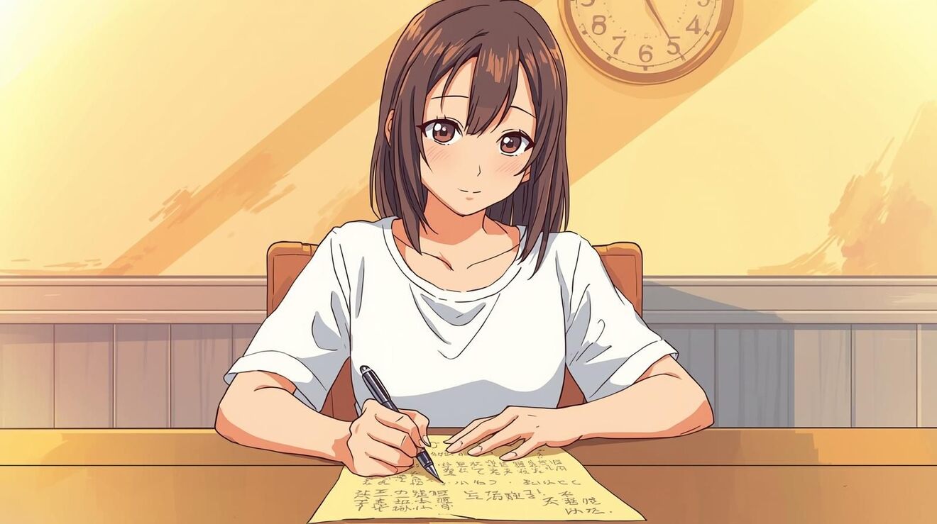 小論文の原稿用紙とペン　アニメ調のイラスト、明るい雰囲気、日本人女性がペンを持って紙に文字を書いている、服はTシャツ、背景に時計.jpg