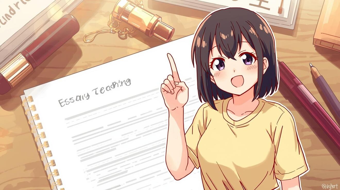 小論文の原稿用紙とペン　アニメ調のイラスト、明るい雰囲気、日本人女性が人差し指をあげて教えている風、服はTシャツ.jpg