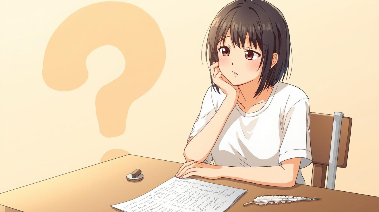 小論文の原稿用紙とペン　アニメ調のイラスト、明るい雰囲気、日本人女性が顎に手を当てて考えている、服はTシャツ、背景にはてな.jpg