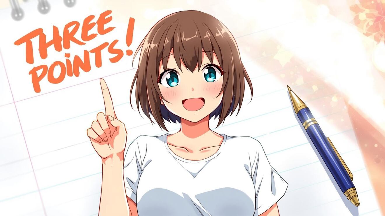小論文の原稿用紙とペン　アニメ調のイラスト、明るい雰囲気、日本人女性が３本指を上げている、ポイントは３つ！という感じ　服はTシャツ (1).jpg