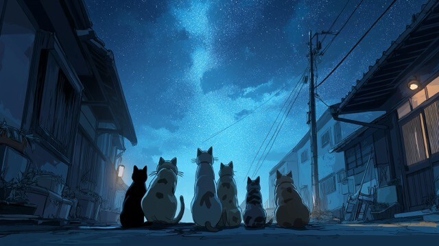 9 猫たちが集まって星空を眺める夜の路地裏（中）.jpeg