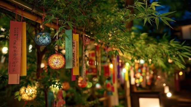 3 竹に飾られたカラフルな短冊と紙飾りぼんやり光る提灯の風景（中）.jpeg