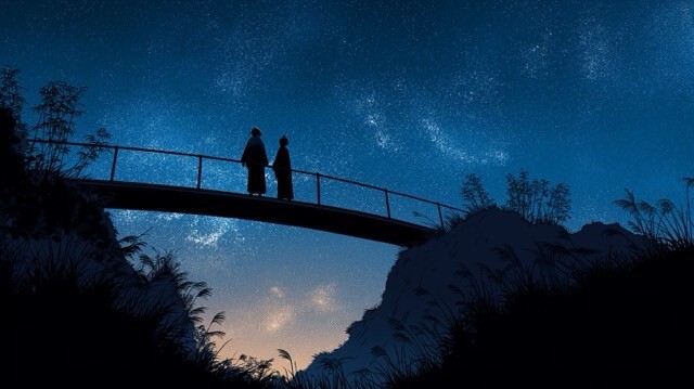 4 星降る夜織姫と彦星が橋の上で出会う幻想的なシルエット（中）.jpeg